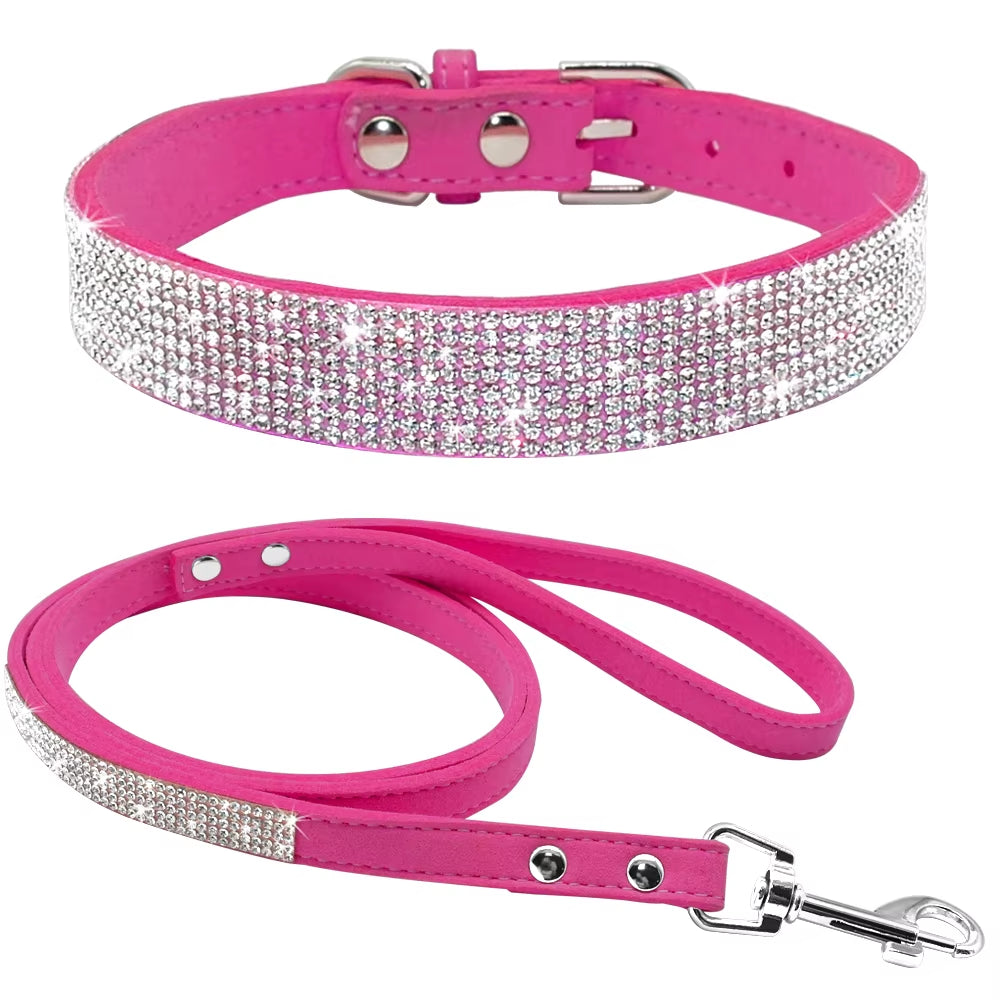Adjustable Suede Leather Puppy Dog Collar and Leash Set with Rhinestones for Small to Medium Pets