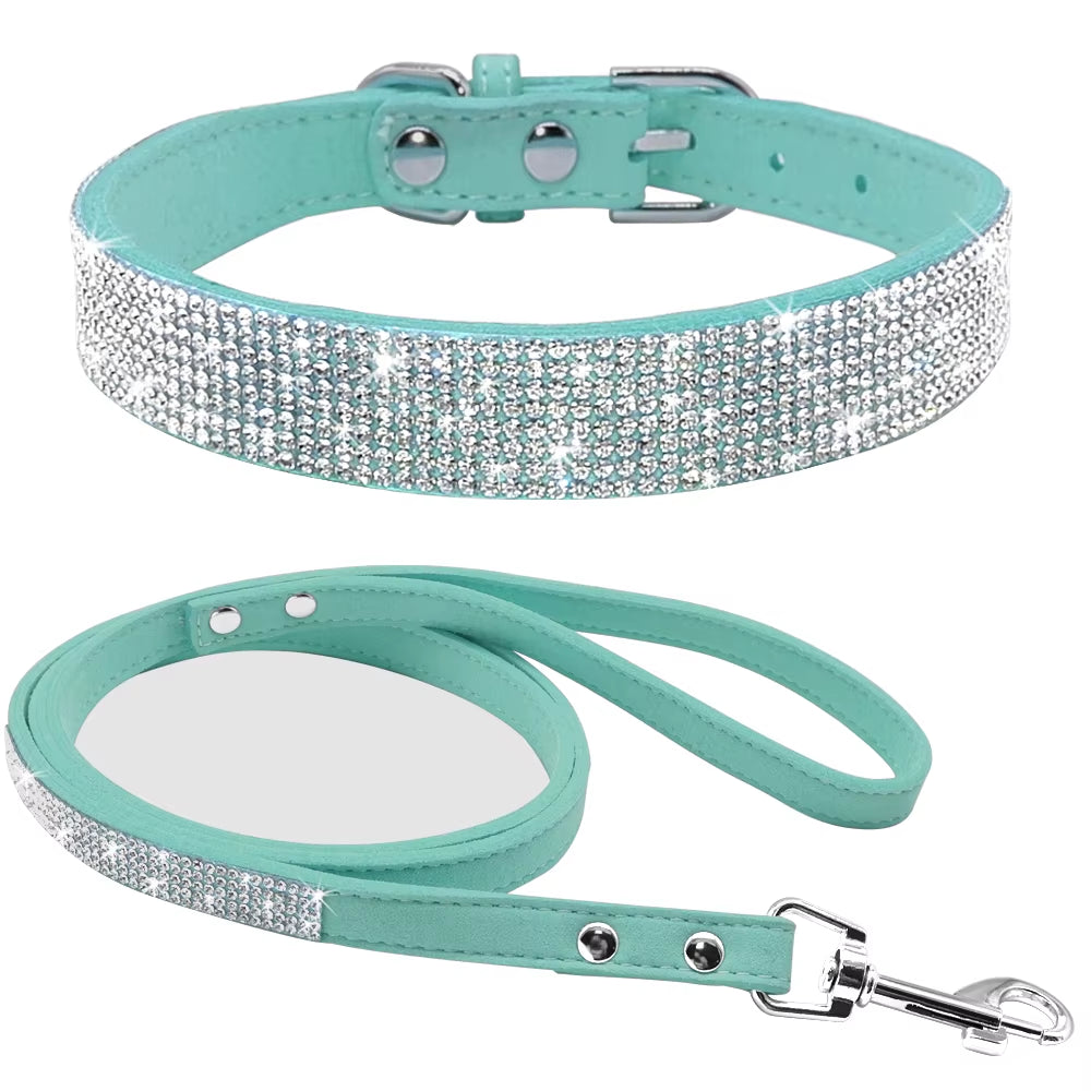 Adjustable Suede Leather Puppy Dog Collar and Leash Set with Rhinestones for Small to Medium Pets