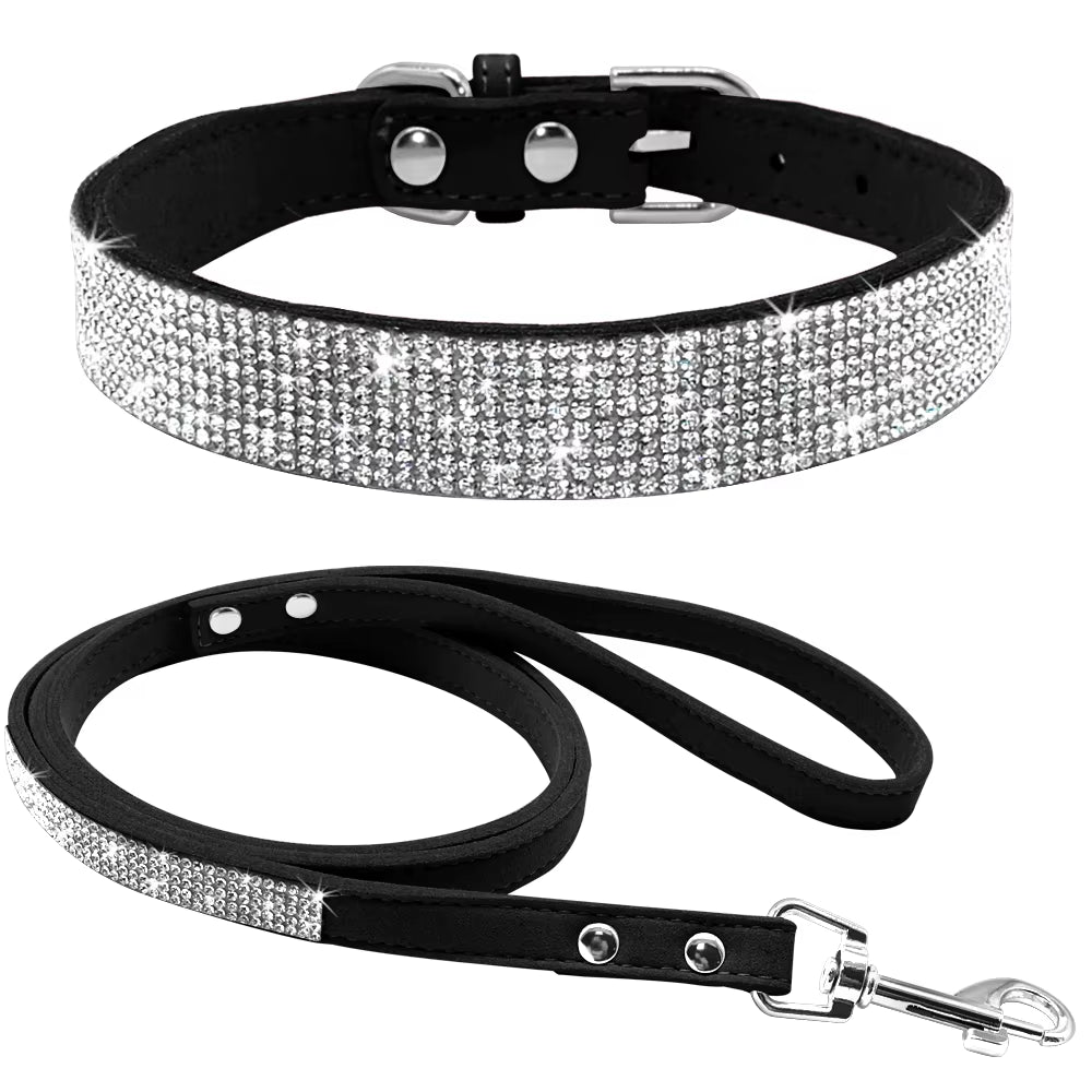 Adjustable Suede Leather Puppy Dog Collar and Leash Set with Rhinestones for Small to Medium Pets