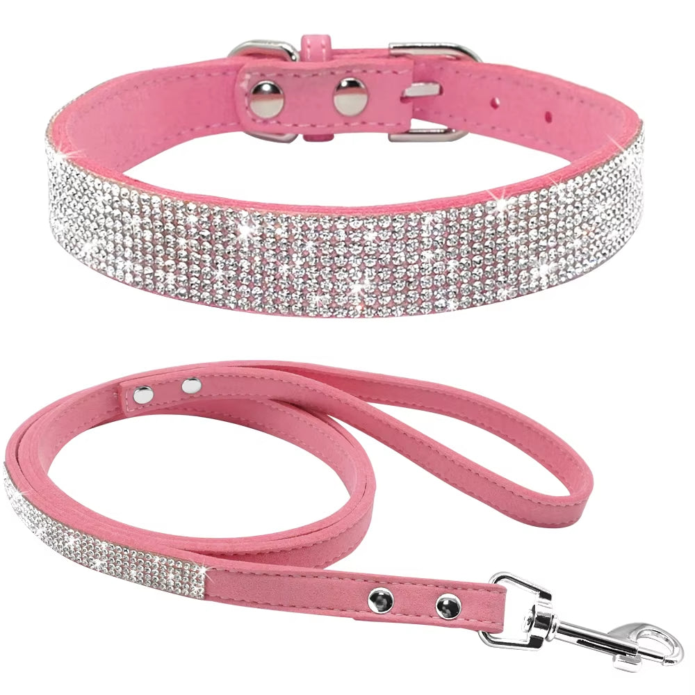 Adjustable Suede Leather Puppy Dog Collar and Leash Set with Rhinestones for Small to Medium Pets