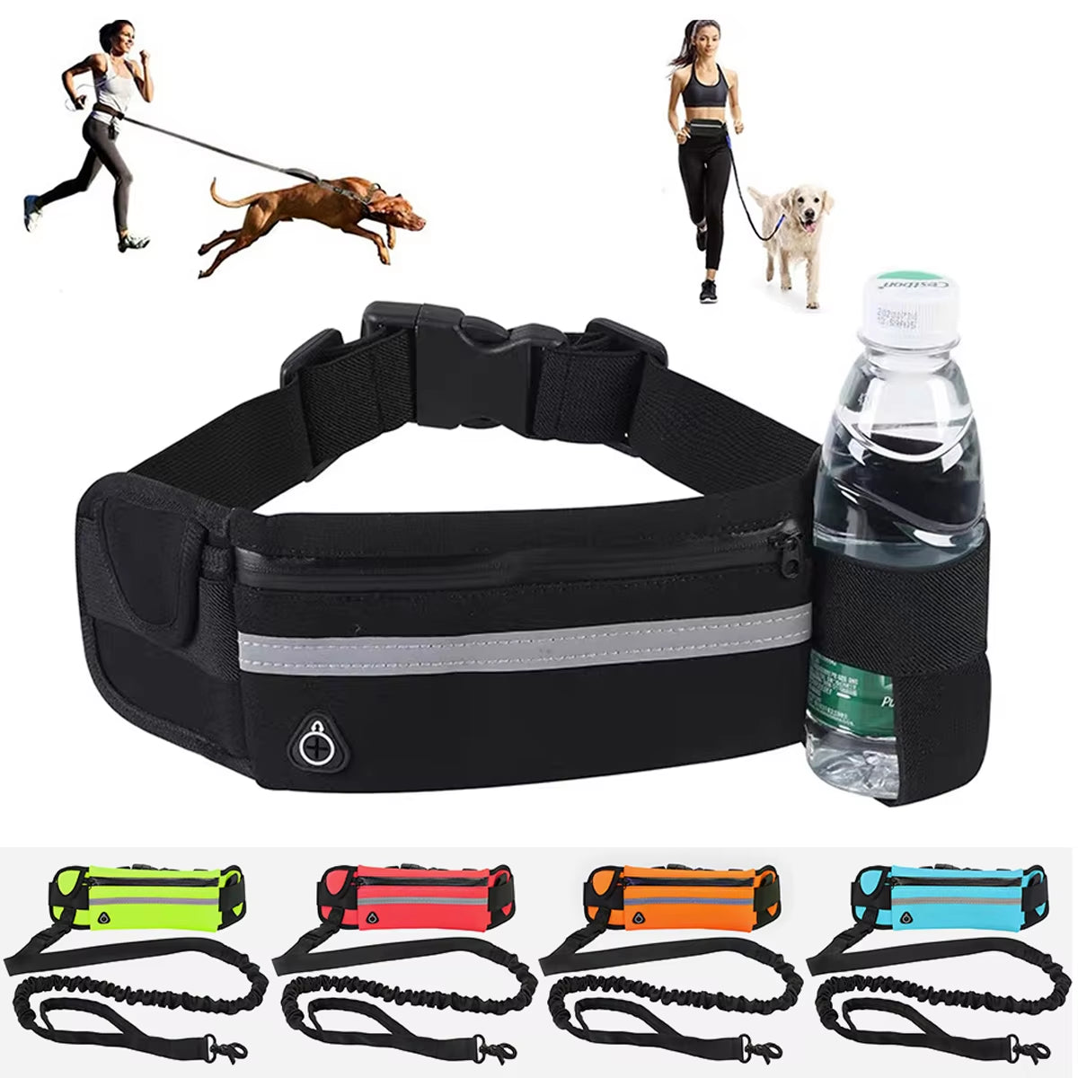 Hands-Free Reflective Dog Leash for Running and Walking with Waist Bag and Elastic Retractable Belt