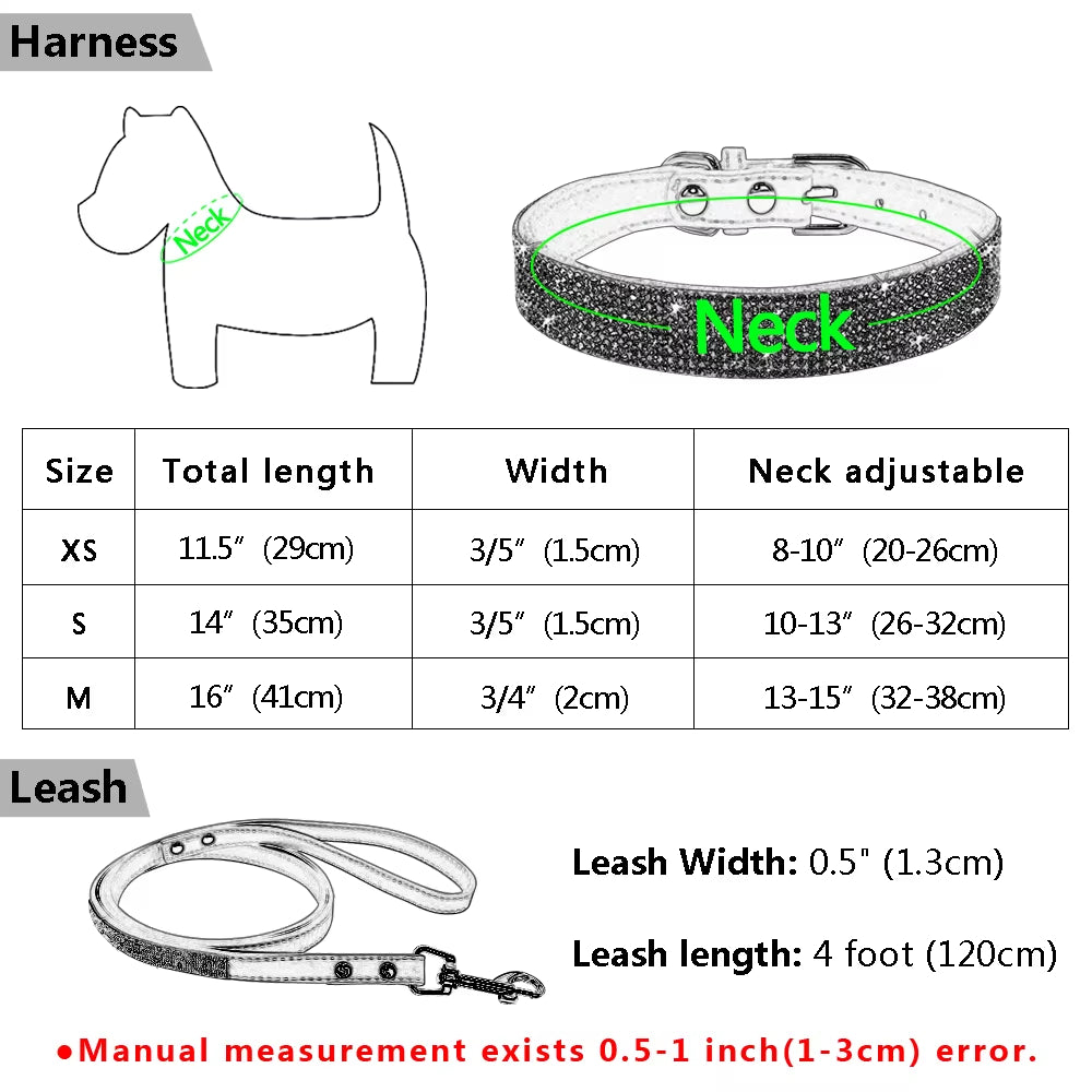 Adjustable Suede Leather Puppy Dog Collar and Leash Set with Rhinestones for Small to Medium Pets