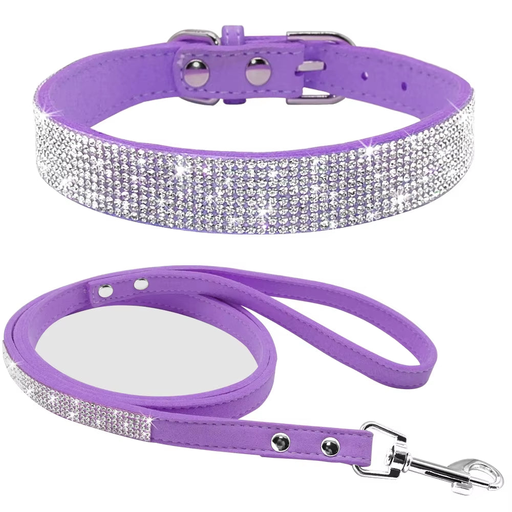 Adjustable Suede Leather Puppy Dog Collar and Leash Set with Rhinestones for Small to Medium Pets