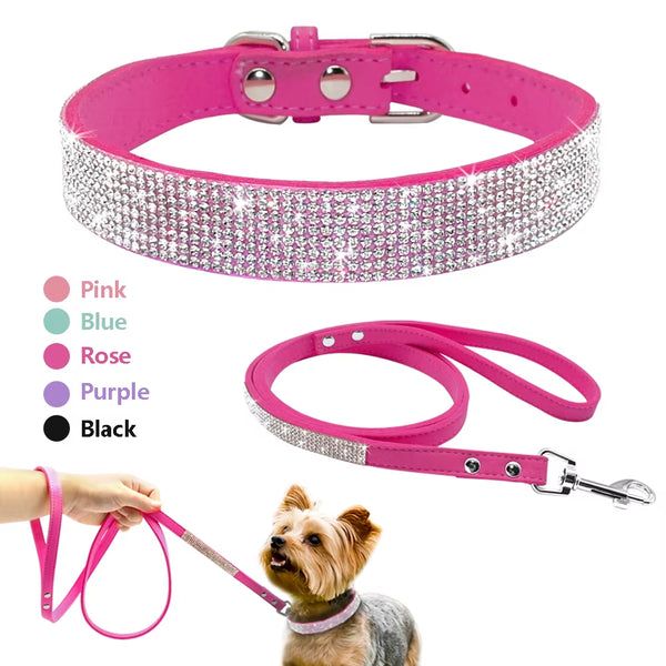 Adjustable Suede Leather Puppy Dog Collar and Leash Set with Rhinestones for Small to Medium Pets