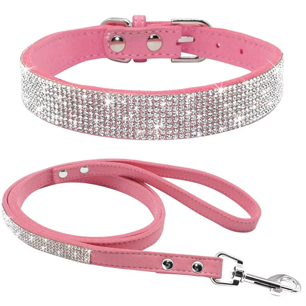 Adjustable Suede Leather Puppy Dog Collar and Leash Set with Rhinestones for Small to Medium Pets