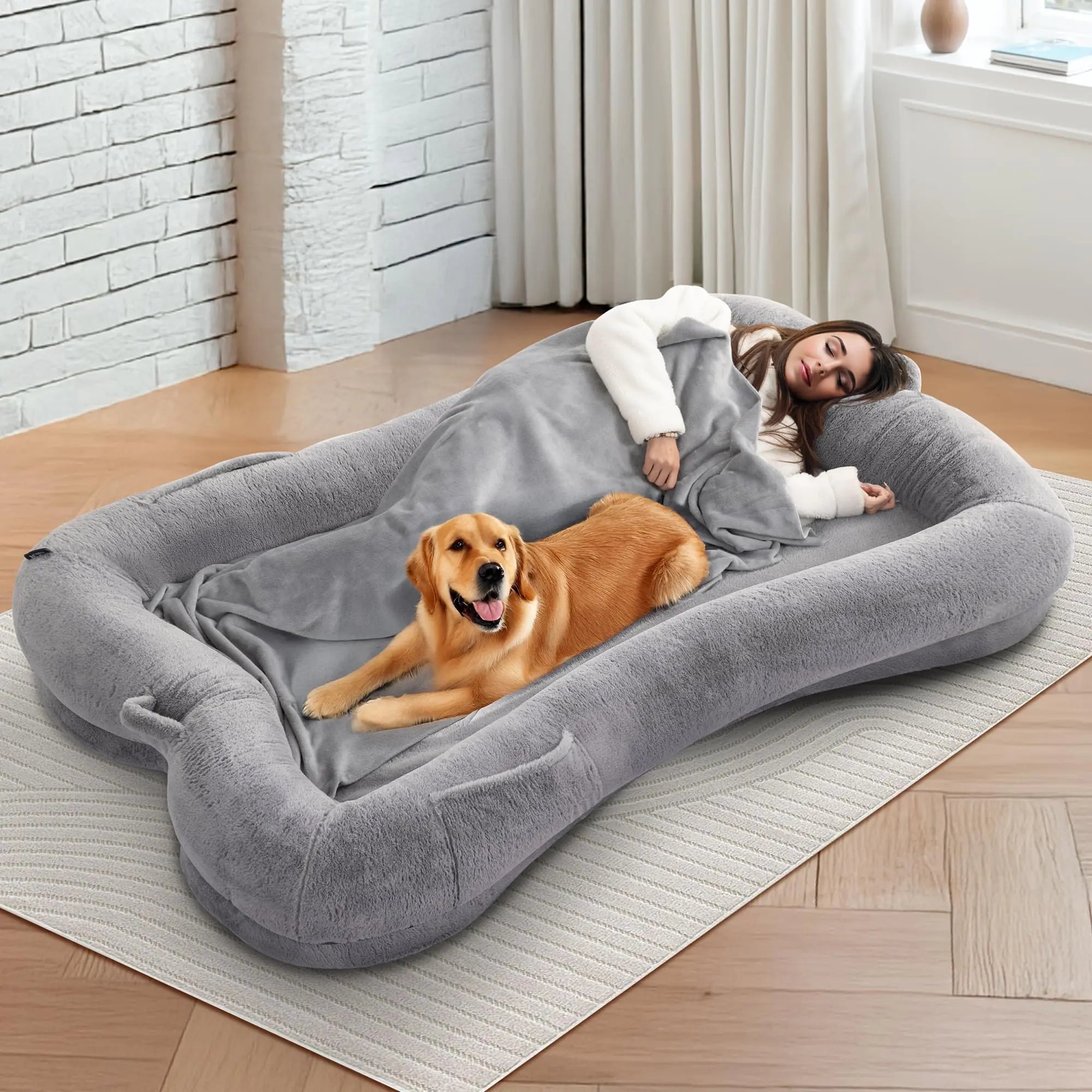 Redlife Human Dog Bed 72"×48"×10" Human Dog Bed with Blanket and Side Pocket Extra Large Human Dog Bed for Adult Waterproof Dog Bed with Washable Faux Fur Fabric (Gray)