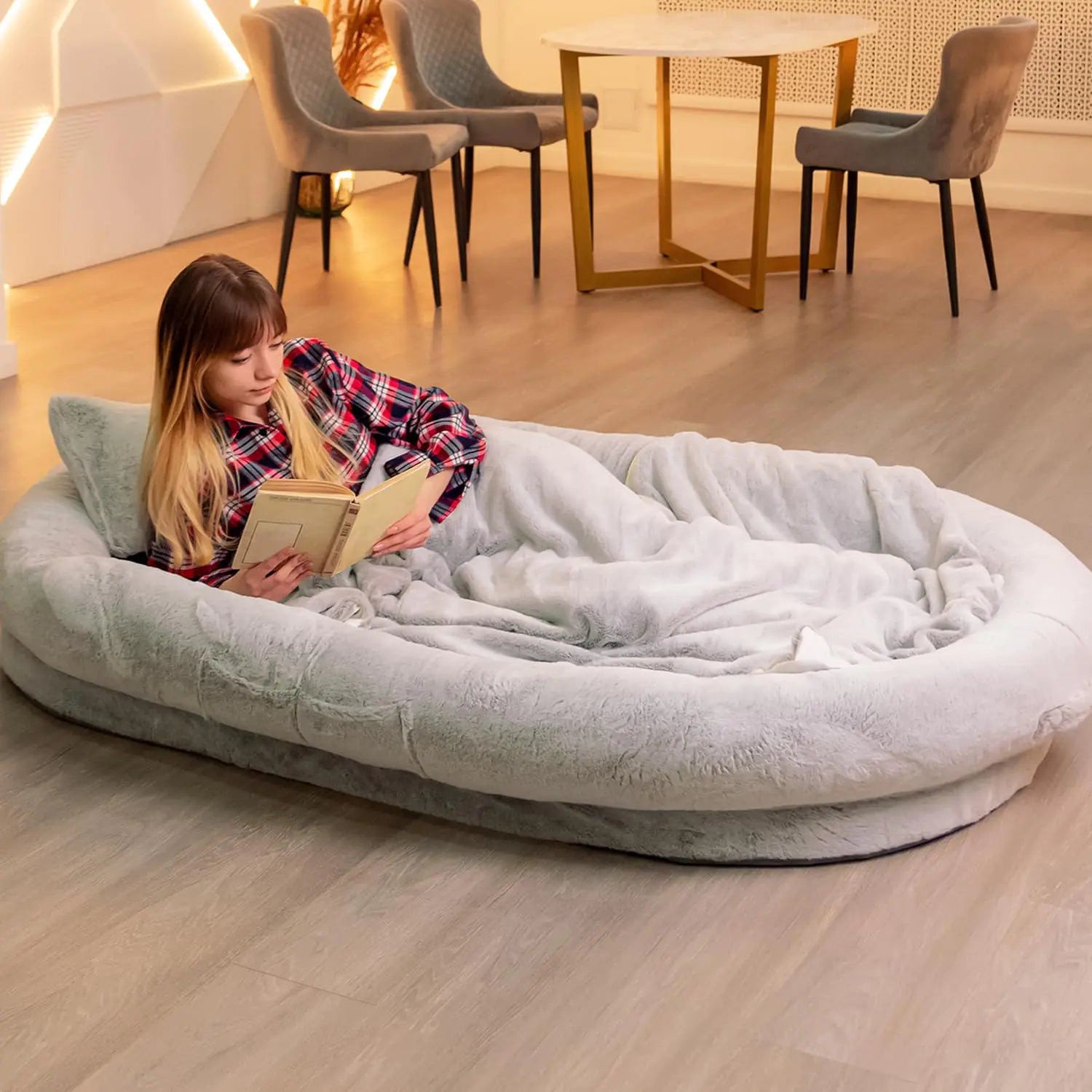 Petlo Human Dog Bed for Cozy Naps 72"x48"x11" - Washable Faux Fur Cover Blanket and Pillow - Removable Memory Foam and Adjustable Strap Orthopedic Human Size Dog Bed for Adults & Large Dogs (Grey)